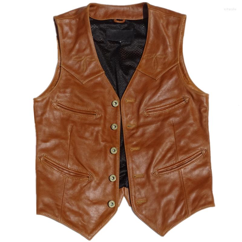 

Men' Vests 2022 Men' Genuine Leather Vest Soft Cowskin Motorcycle Biker Slim Fit Short Youth Brand Brown Sleeveless Jacket, Auburn