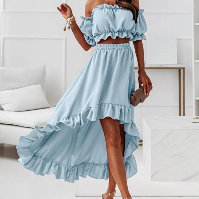 

Two Piece Dress Summer Elegant Ruffled Backless Sets Women Fashion Puff Sleeve Strapless Elastic Pieces Ladies Maxi Dresses Robe Femm, Blue