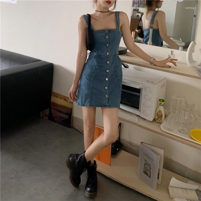 

Casual Dresses Real  Versatile Retro Thin Single Breasted Denim Jumpsuit For Women Summer Dress, Blue