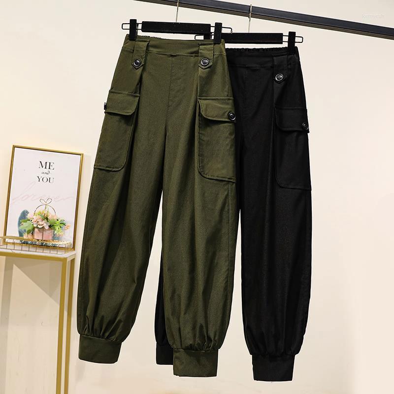 

Women's Pants 2022 Spring Autumn Fashion Women High Waist Solid Loose Double Pocket Design Casual Harem Size 5XL V784, Army green