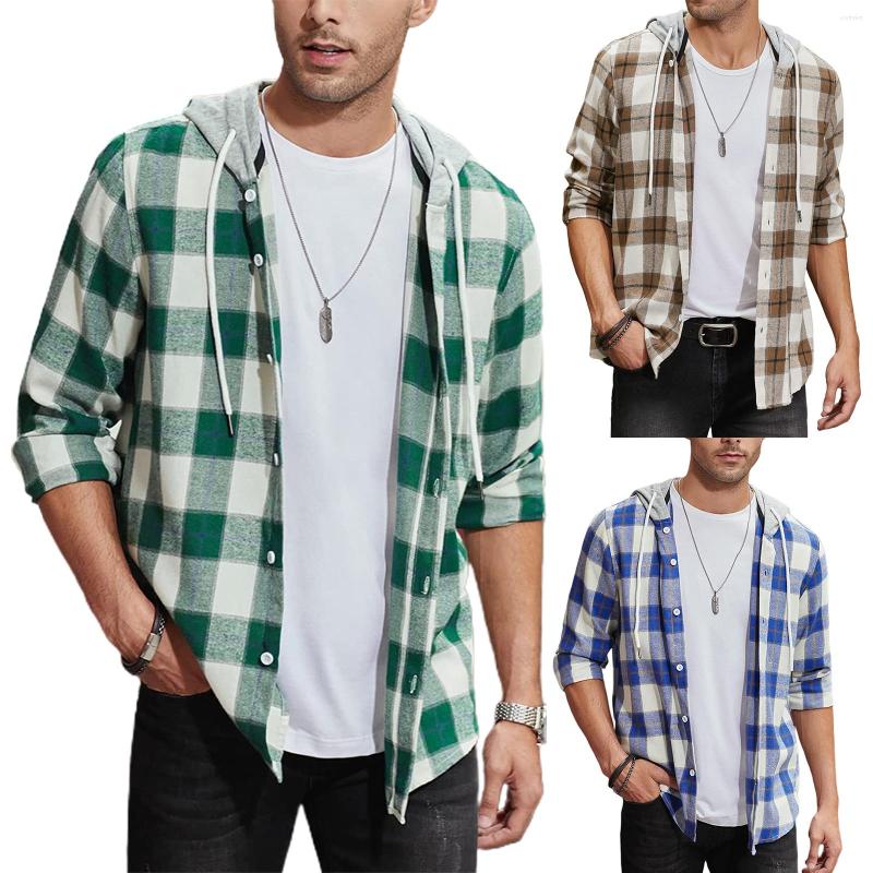 

Men' Casual Shirts Men Coat Long Sleeve Hooded Buttons Sweater Jacket Plaid Print Outerwear Autumn Fashion Cardigan Streetwear Tops, Green