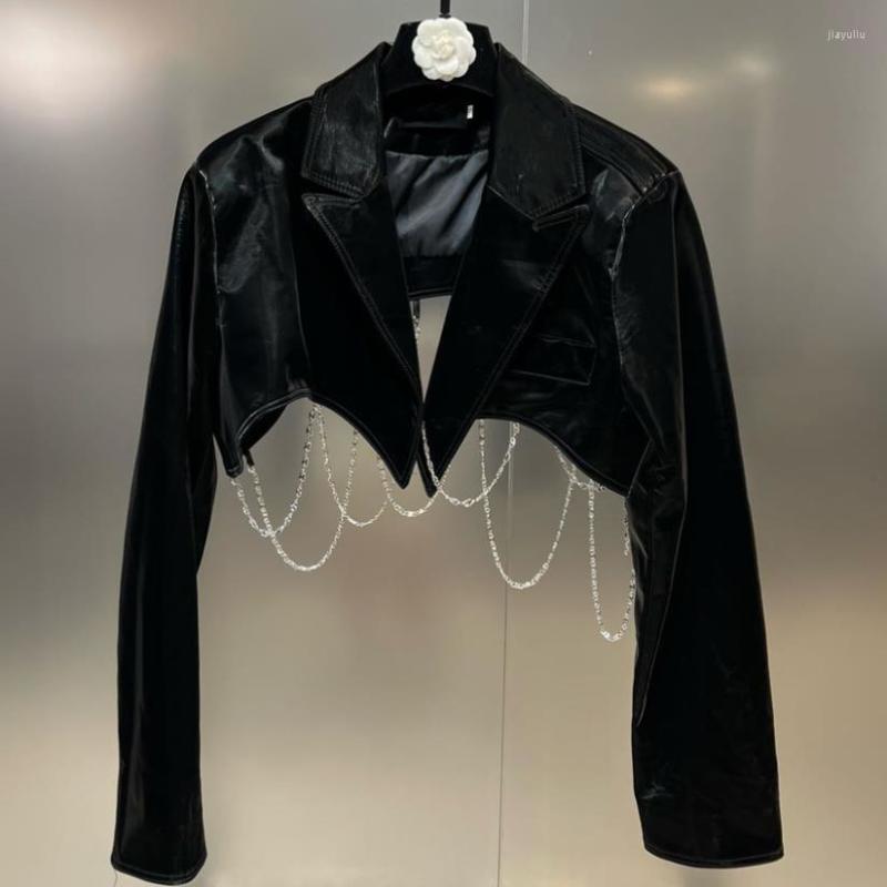 

Women' Leather Autumn Cropped PU Jackets For Women Fashion Black Chain Decoration Short Faux Jacket Female Outwear Y3007