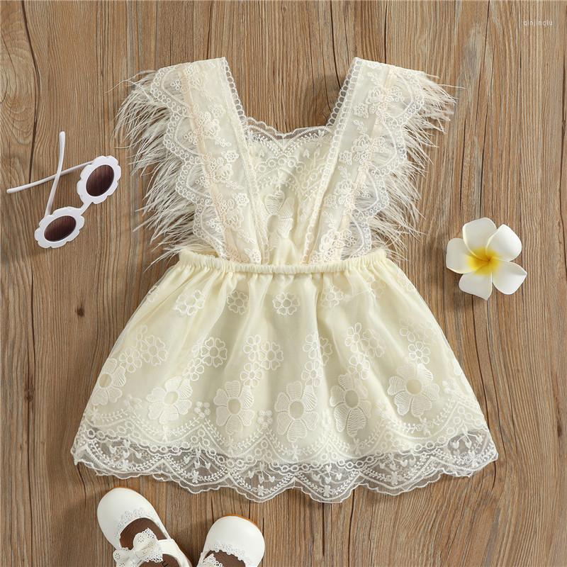

Girl Dresses Summer Toddlers Girls Princess Elegant Lace Crochet Pattern Dress Feather Decoration Short Holiday Casual Clothes, As the photo show