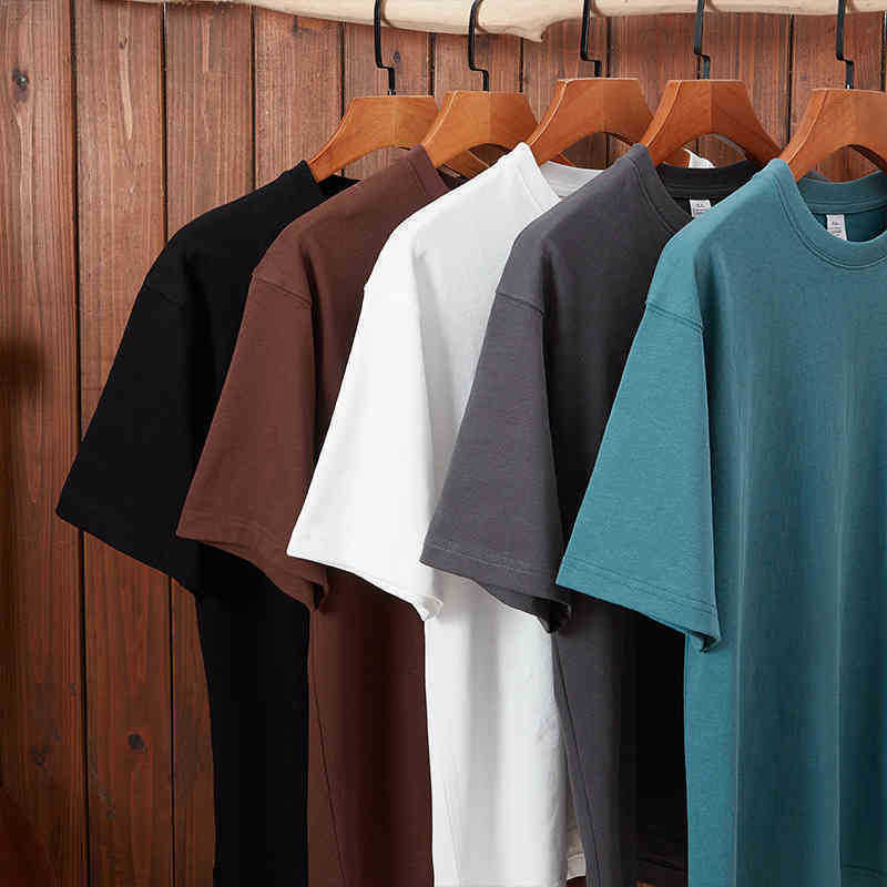 

300g double yarn pure cotton solid color blank short sve T-shirt drop shoulder loose t-shirt men' oversize, Black