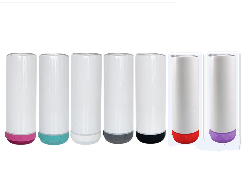 

20oz Bluetooth Speaker Tumblers Straight Sublimation Skinny tumbler with wireless Mini Speaker stainless steel vacuum insulated music cup Coffee drinking bottle, White