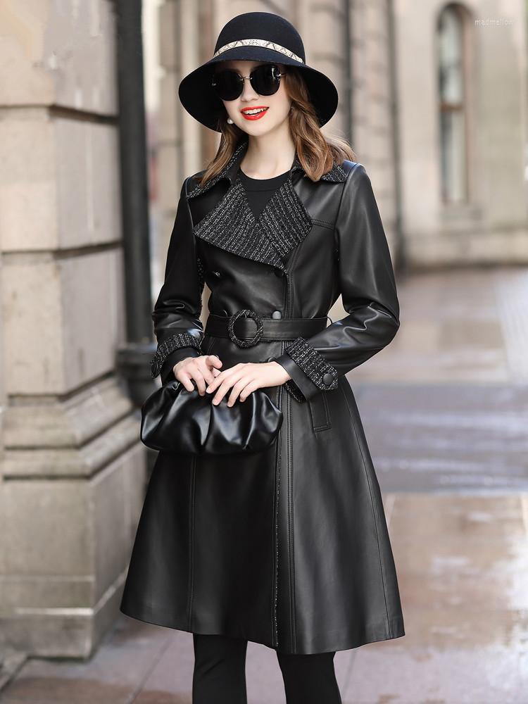 

Women's Leather Genuine Jacket Autumn Women Sheepskin Coat Female Elegant Fashion Long Windbreaker Chaqueta Mujer 19D0010, Black