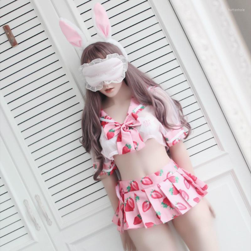

Bras Sets Anime Cute Sailor Dress Lolita Strawberry Printed Cosplay Costume School Girl Uniform Sexy Kawaii Lingerie Set Exotic Apparel, Pink