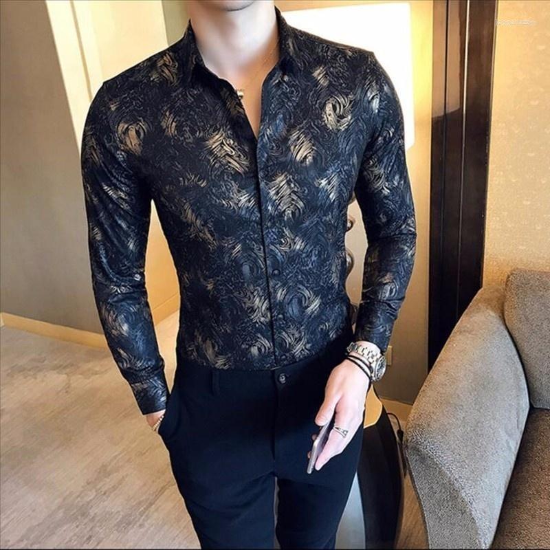 

Men's Casual Shirts Men Metallic Gold Shirt 2023 Autumn Printed White Slim Fit Dress Party Wedding Club Camisa Masculina, Black