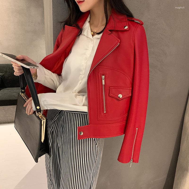 

Women's Leather Genuine Women's Short Jacket Zipper Suit Lapel Sheepskin Cuffs Slim Coat 2022, Black