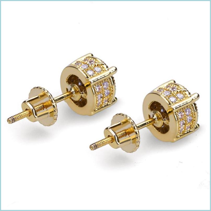 

Stud Stud Gold Color Plated Iced Out Micro Pave Lab Cubic Zircon Earrings With Screw Back Hip Hop Men And Women Jewelry Gifts Drop D Dhcgw