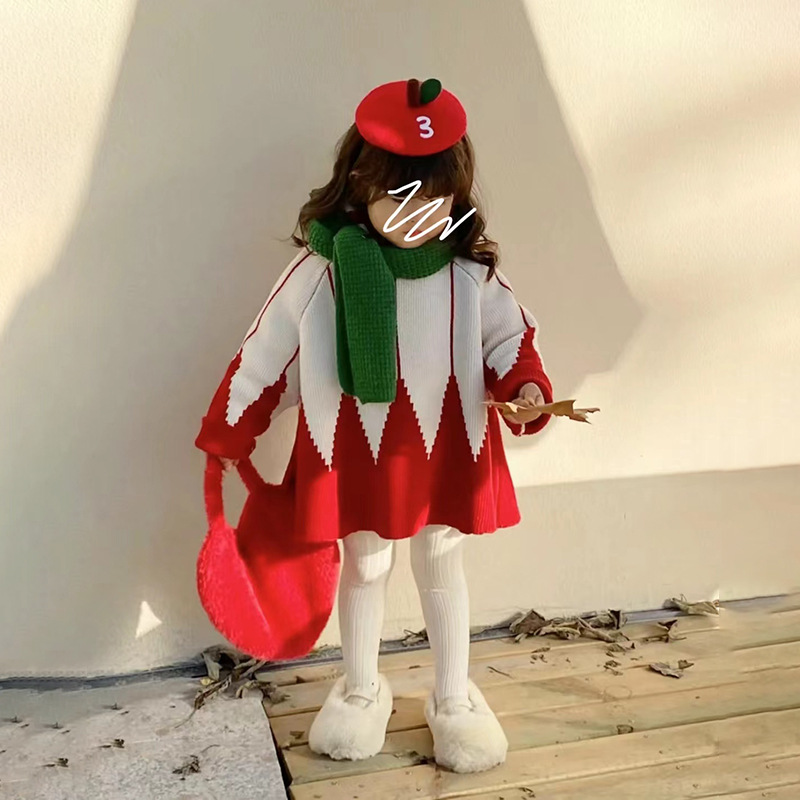 

Christmas girls red poncho kids stripe hooded long sleeve sweater cloaks 2022 fall winter children knitting shawl Xmas princess cape A9255, Green scarf