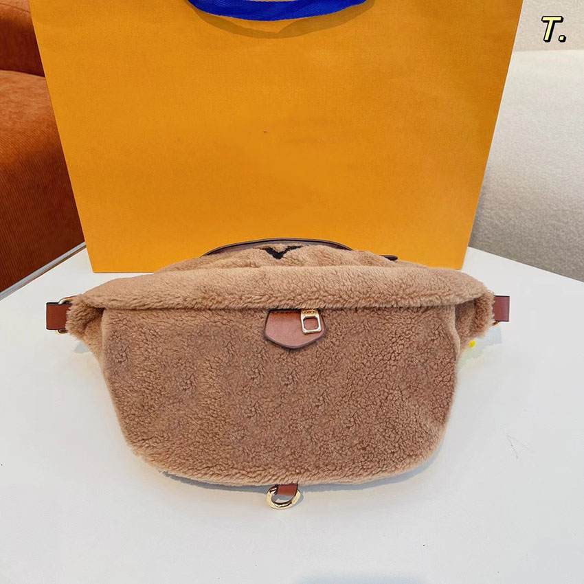 

Designer Waist Bag Chest Bags Crossbody Lamb Wool Genuine Soft Fur Bumbag Classic embossing flowers Belt Bag, Brown flower 1