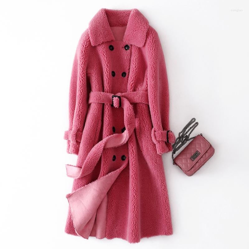 

Women's Fur Autumn Winter Wool Coats Women's Long Grained Sheep Shearing Jacket Female Fashion Loose Composite Coat Outerwear, Rose red
