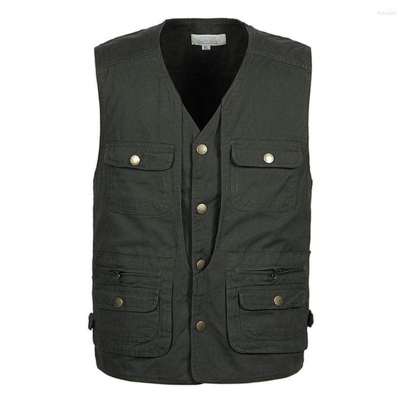 

Men's Vests 2022 Solid Big Size Cotton Fabric V-neck Multi Pockets Vest Mens Casual Pography Single-breasted Loose Sleeveless Jacket, Khaki vest