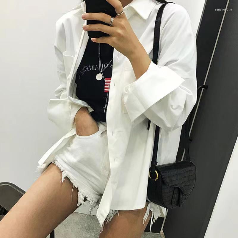 

Women's Blouses Spring Double Pockets Turn-down Collar Cotton Women's Blouse Casual Loose Female Tops Workwear Shirts, Blue