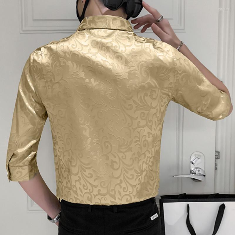 

Men's Casual Shirts Business Sleeve Korean Half Shirt Social Luxury Print Men Slim Party Singer Host Tuxedo Streetwear Clothing, Black