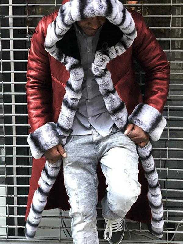 

Men's Fur Faux Fur Men's Coat Faux Leather Fleece Fur Patchwork Long Hooded Jacket Imitation Leather Trench Coats Winter Overcoat Male T221102, Black