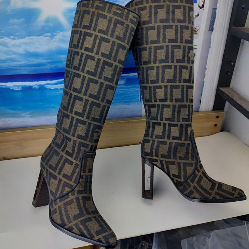 

Logo-jacquard chenille knee boots square heels Fashion tall boot F'end'ace almond toe genuine leather hight heel booties luxury designers shoe women factory footwear, Flowers