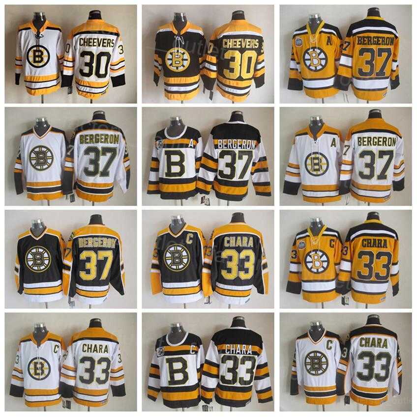 Boston Retro Bruins Vintage Hockey 33 Zdeno Chara Jerseys 37 Patrice Bergeron 30 Gerry Cheevers Throwback Black White Yellow Team Color CCM 75 Anniv