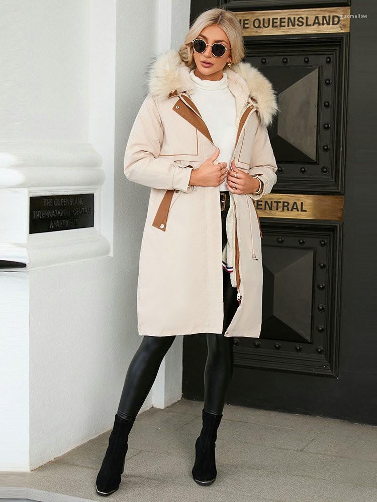 

Women' Down Parka Women Two-piece Set Detachable Very Warm Hooded Faux Fur Collar Is Removable Waist Be Freely Stretched Zipper Thick Coats, Beige