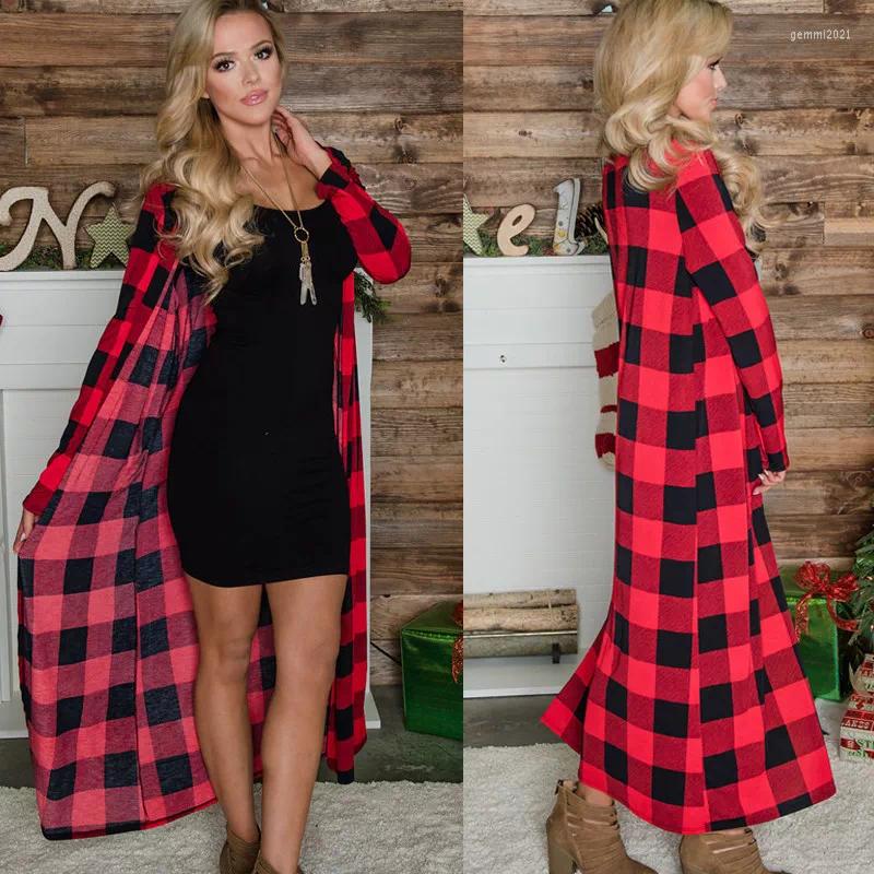 

Women' Trench Coats Cardigan Outwear Plaid Long Sleeve Spring Autumn Ladies Sweater Loose, Red