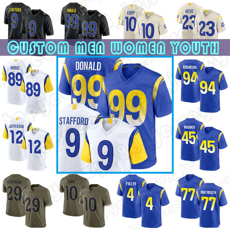 

99 Aaron Donald Football Cam Akers Matthew Stafford Jersey Von Miller Rams Van Jefferson Jalen Ramsey Cooper Kupp Bobby Wagner Tyler Higbee Jake Funk Taylor Rapp, Custom men+patch (g y)