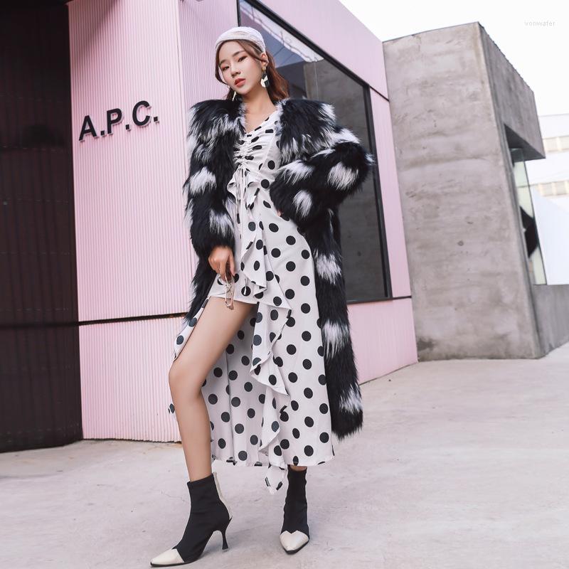 

Women' Fur 2022 Winter Korean Fashion White Black Color Block Faux Long Overcoats Owmen Turn Down Collar Fake Coat Outerwear A280