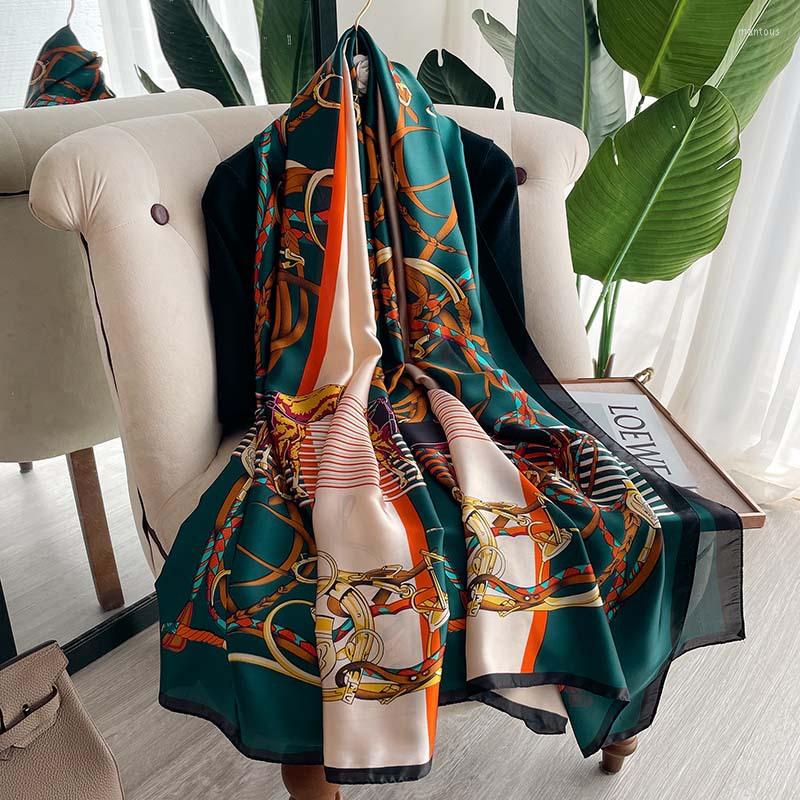 

Scarves 2022 Retro Horse Chain Shawls Simulation Silk Scarf Female 90 180cm Air-conditioning Shawl Beach Towel Head Hijab
