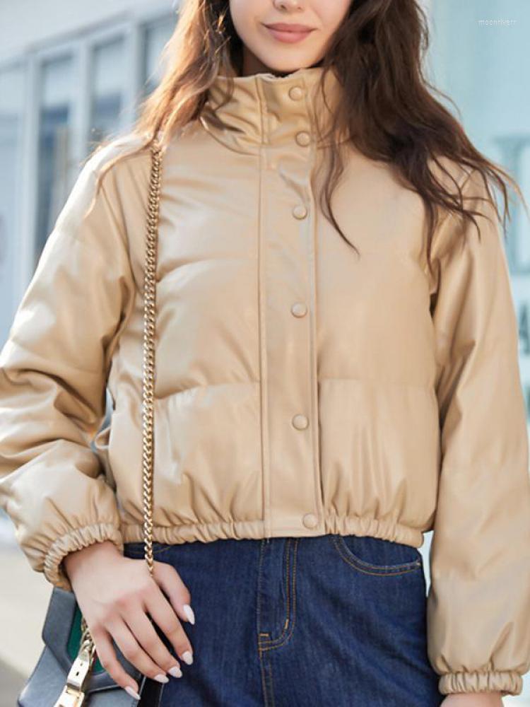 

Women's Leather Winter PU Coat Women Long Sleeve Stand Collar Short Baseball Jacket Casaco Feminino Black