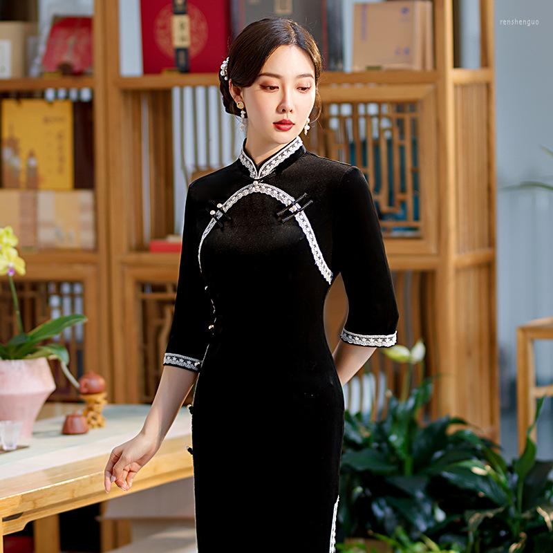 

Ethnic Clothing Autumn Sexy Lace Trim Mandarin Collar Velour Chinese Women Qipao Elegant Seven Points Sleeve Gold Velvet Cheongsam