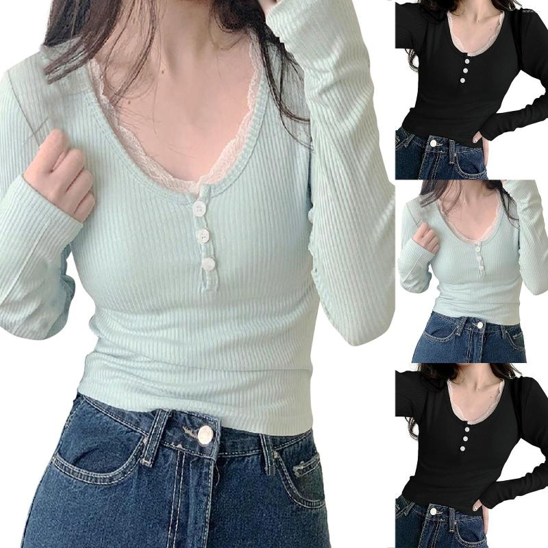 

Women' Blouses French Girl V-neck Fake Two-piece Stitching Lace Inner Knitted Cardigan T-shirt Women' Bottoming Short Top Autumn Pink, Blue-a