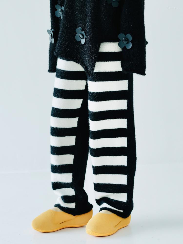 

Women' Pants Imakokoni' Original Design For Black And White Striped Printed Thermal With Fluff Stitching Loose Wide-leg Trousers, Bottoms