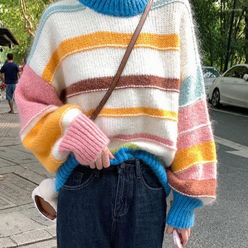 

Women' Sweaters Rainbow Stripes Stitching Women' Mohair Sweater O-Neck Long Sleeve Thick Knitted Pullover 2022 Fall Winter Sweet Lady, Picture shown