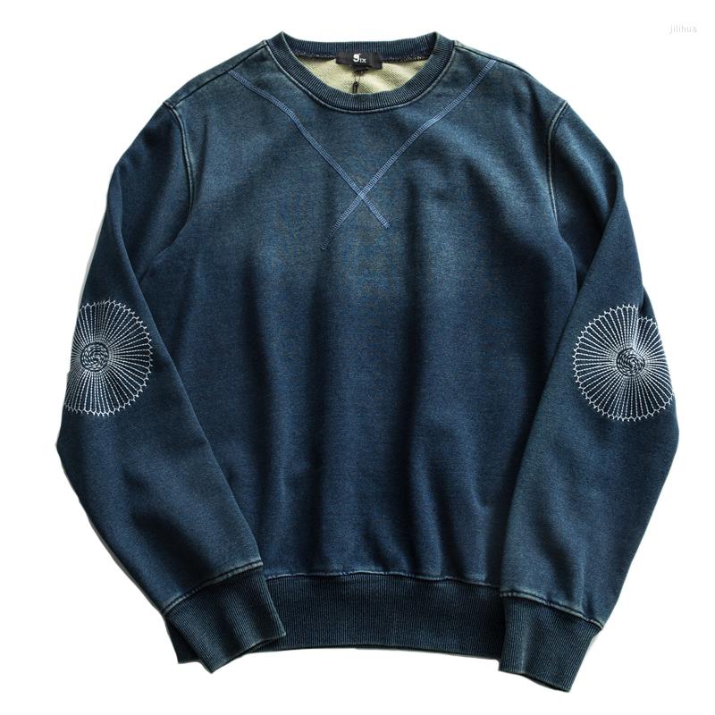 

Men' Hoodies Autumn And Winter Japanese Men' Washed Used Blue Dyed Cotton Terry Pullover Chrysanthemum Embroidery