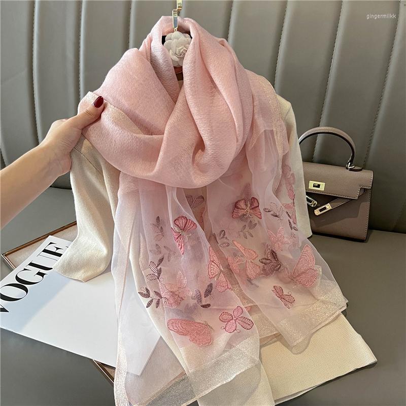 

Scarves Silk Wool Women Scarf Design Butterfly Embroidery Shawl And Wraps Foulard Female Headkerchief Hijab Bandana