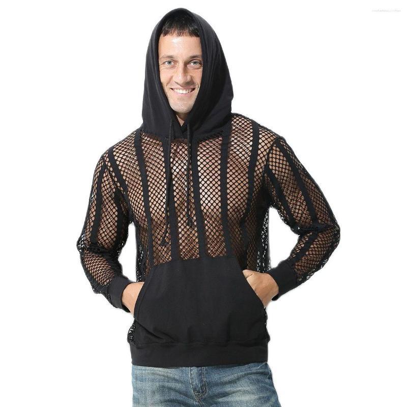 

Men' Hoodies Men Mesh Tops Hooded Fishnet Sweatshirt Sexy Hollow See Through Streetwear Clothes Transparent Outerwear Casual Costume, Black