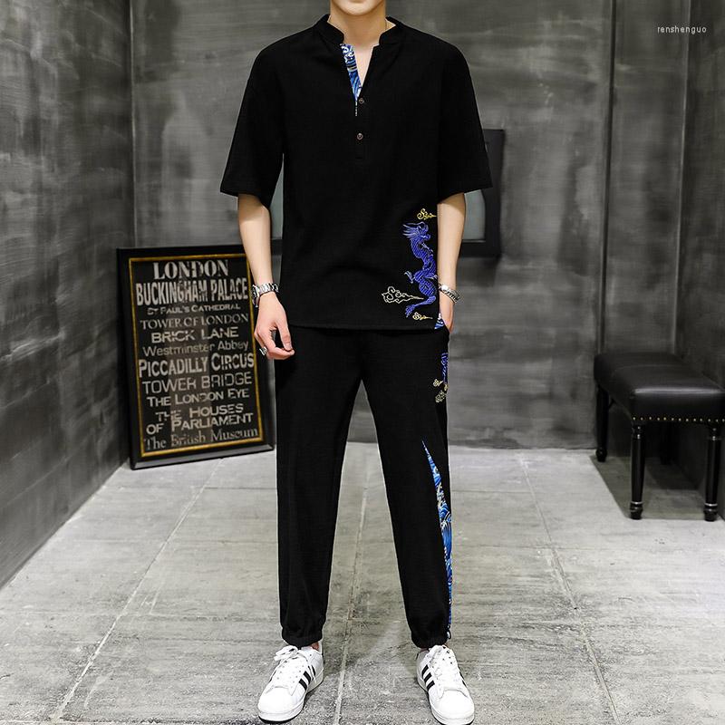 

Ethnic Clothing Men'S Set Retro Chinese Dragon Shirt Men Tang Suit Clothes T Man Oversize T-Shirt Male Summer Tracksuit 30550