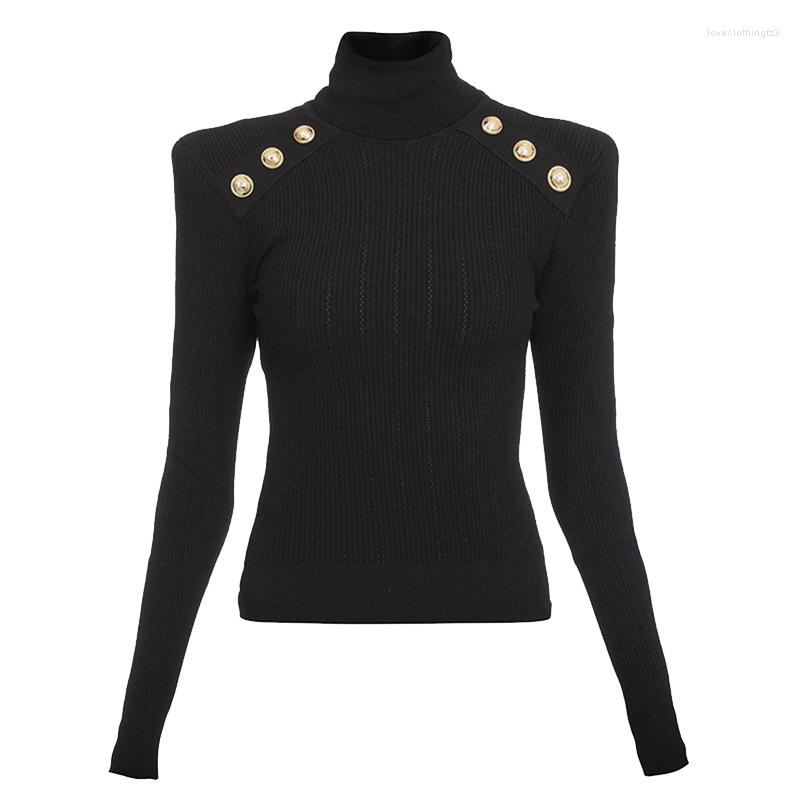 

Women' Sweaters Coral Red Black Turtleneck Pullover Sweater Women Spring Fashion Shoulder With Gold Lion Button, Black sweater