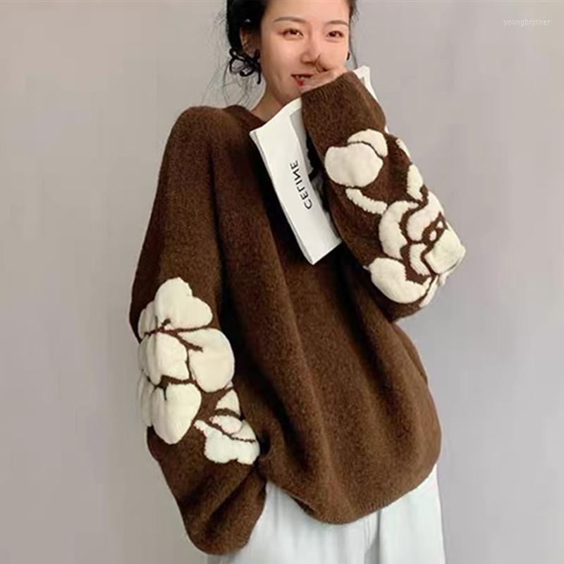 

Women's Sweaters Flower Pattern Women's Sweater Harajuku Long Sleeve Round Neck Warm Pullover Female 2022 Autumn Winter Loose Knitted, Brown
