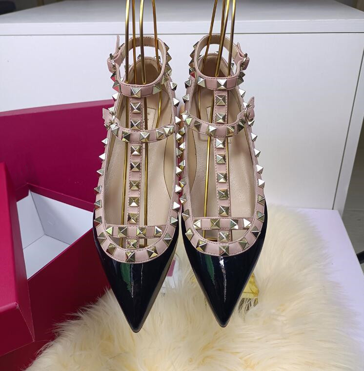 

Women Flat Sandals V Rivets Pointed Shoes Genuine Leather Two Belts Classics Summer Fashion Black Nude Red Wedding Shoes with Box and Dust Bag 34, Black 1
