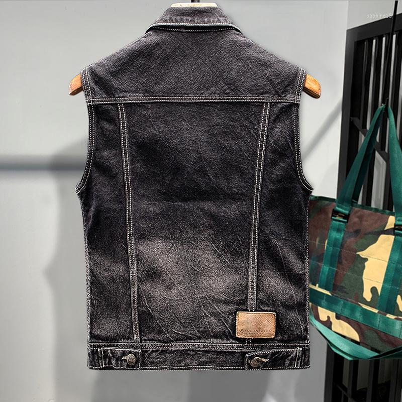 

Men' Vests Denim Black Vest Men Vintage Slim Fit Multi-pocket Work Sleeveless Jacket Casual Single Breasted Washed Short Waistcoat Male, Picture shown