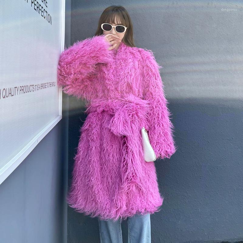

Women's Fur HJQJLJLS 2022 Winter Fashion Streetwear Women Faux Sheep Coat With Belt Female Lapel Long Furry Jacket Festival Clothes, Orange