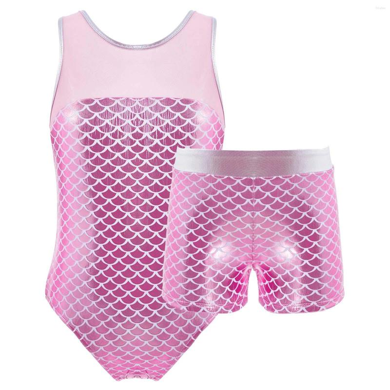 

Stage Wear Kids Girls Shiny Mesh Splice Ballet Dance Sets Child Gymnastics Workout Sportswear Performance Fish Scales Leotard Shorts, Pink