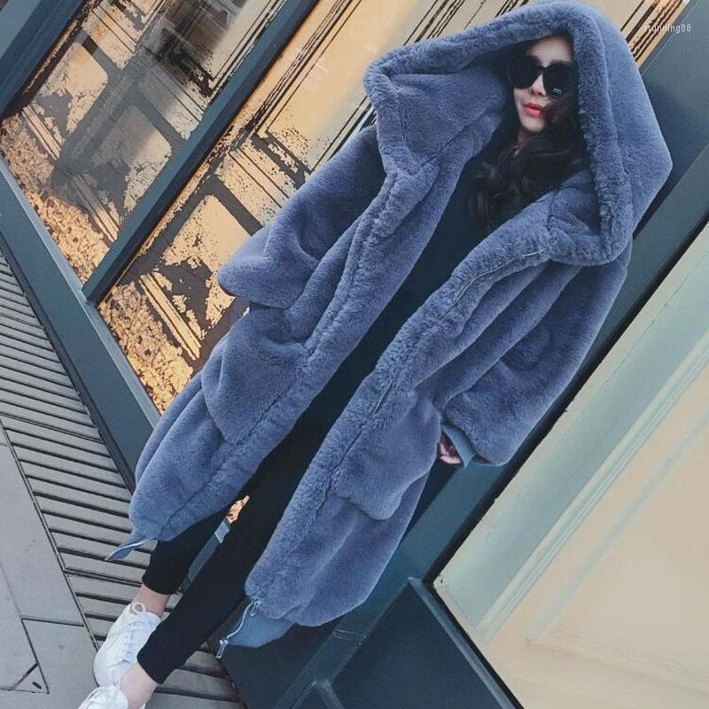 

Women's Fur Casual Women's Jacket Winter Thicken Warm Hooded Coat 2022 Rex Long Section Pure Color Faux, Gray