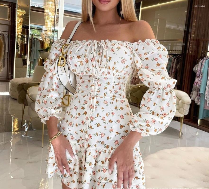 

Ethnic Clothing Ruffles Waist Tight Floral Dress Full Sleeve 2022 Women Mini Style Spring Summer Strapless Slash Neck