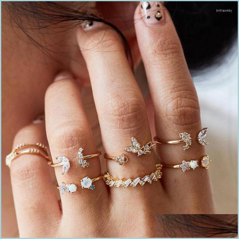 

Cluster Rings Cluster Rings Korean 7Pcs/Set Crystal Opal Joint Ring Set For Women Bohemian Butterfly Star Moon Geometric Knuckle Jew Dhvww