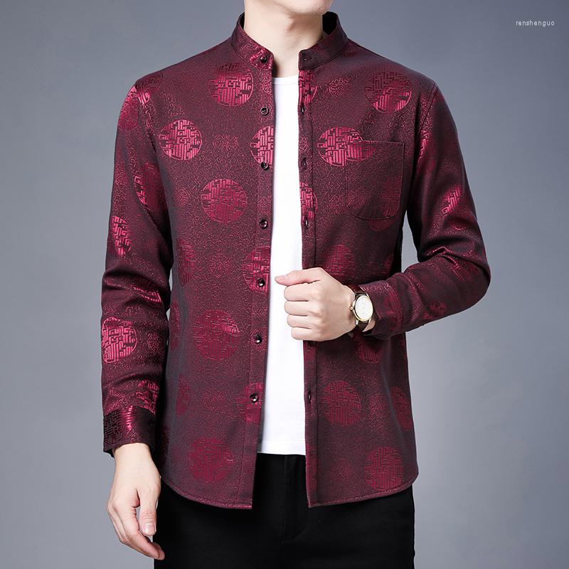 

Ethnic Clothing Red Silk Plush Chinese Traditional Year Festival Jackets Husband Velvet Claret Dresses Large Sizes Mandarin Collar Tang Suit
