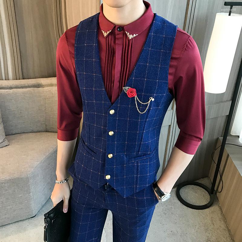 

Men's Vests Fashion Men Business Wedding Dress Casual Slim Fit Vest High Quality Clothing Men's Waistcoat Suits Plaid Gilet Homme, Gray