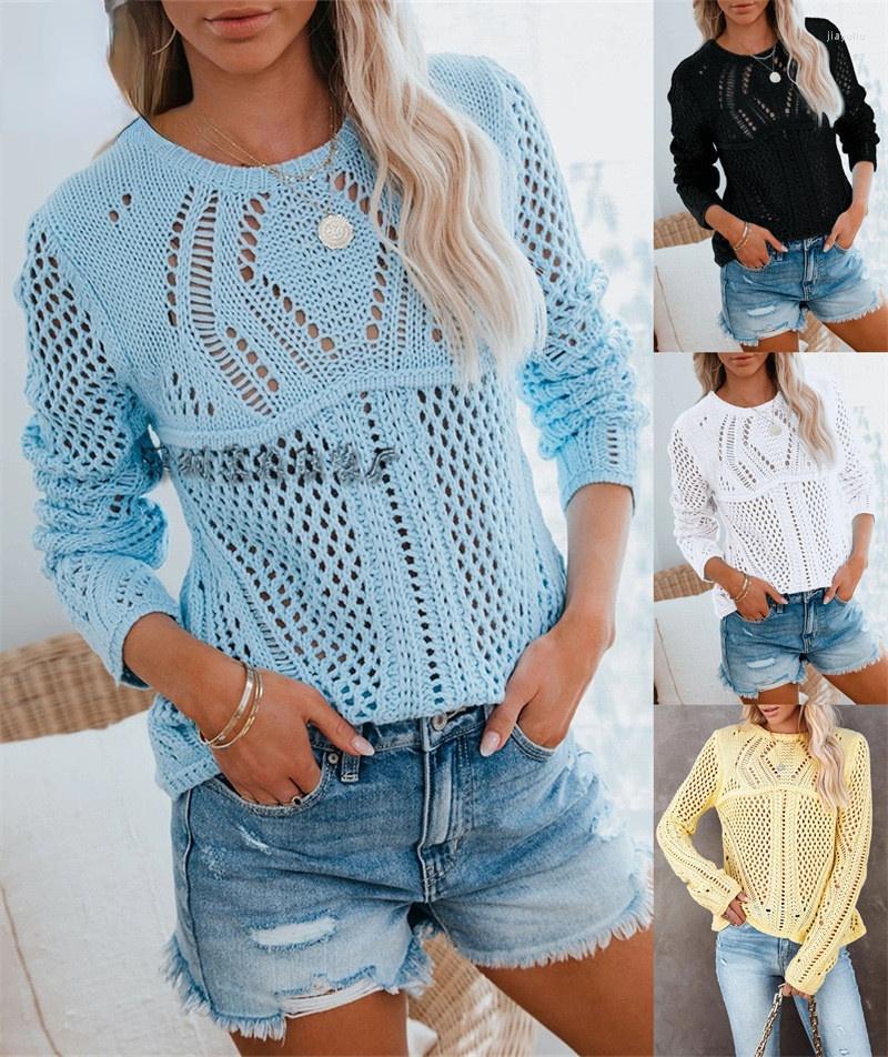 

Women' Sweaters Spring And Autumn Solid Color Hollow Perspective O Neck Long Sleeve Sweater Fashion Casual Loose Pullover Top