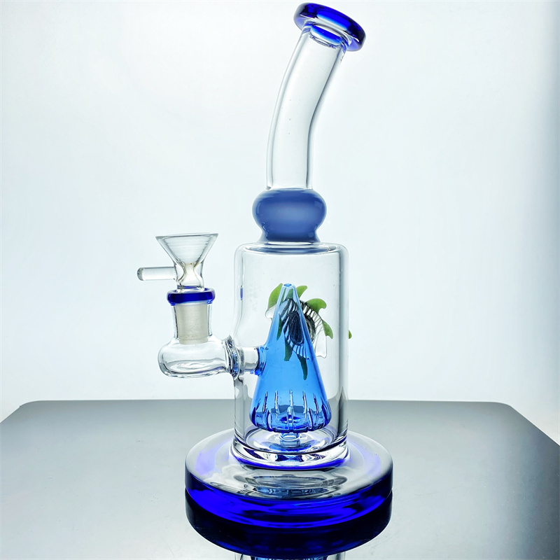 

Glass bong hookah bubbler mini drill smoking pipe with blue leaf embellishments, 1 perc 14mm connector gb386
